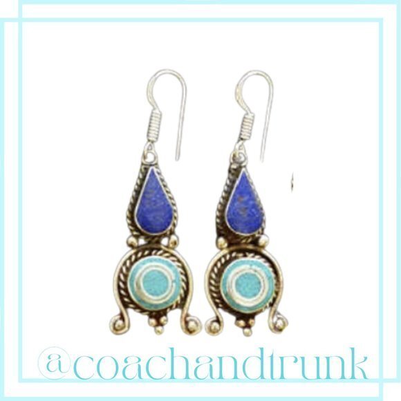 Lapis Lazuli Turquois Inlayed Silver Ornate Metalwork Handcrafted Earrings - Picture 1 of 2
